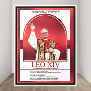 Pope Leo XIV - Robert Francis Prevost - 267th Pope of the Catholic Church - The New Pope Portrait Info in Canvas, Frame and Poster